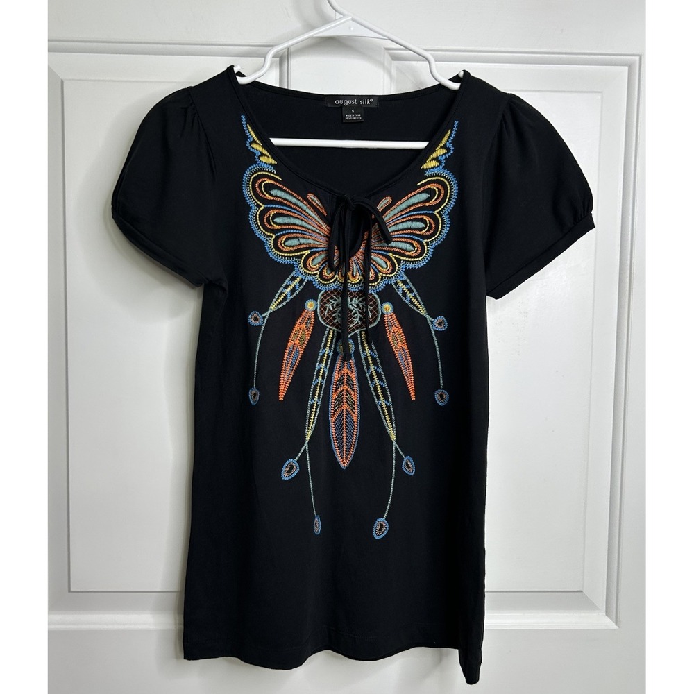 August Silk Short Sleeve Top Black Embroidered  Multicolored Butterfly Womens S